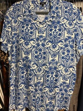 Express Blue and White Short Sleeve Button-Up Shirt